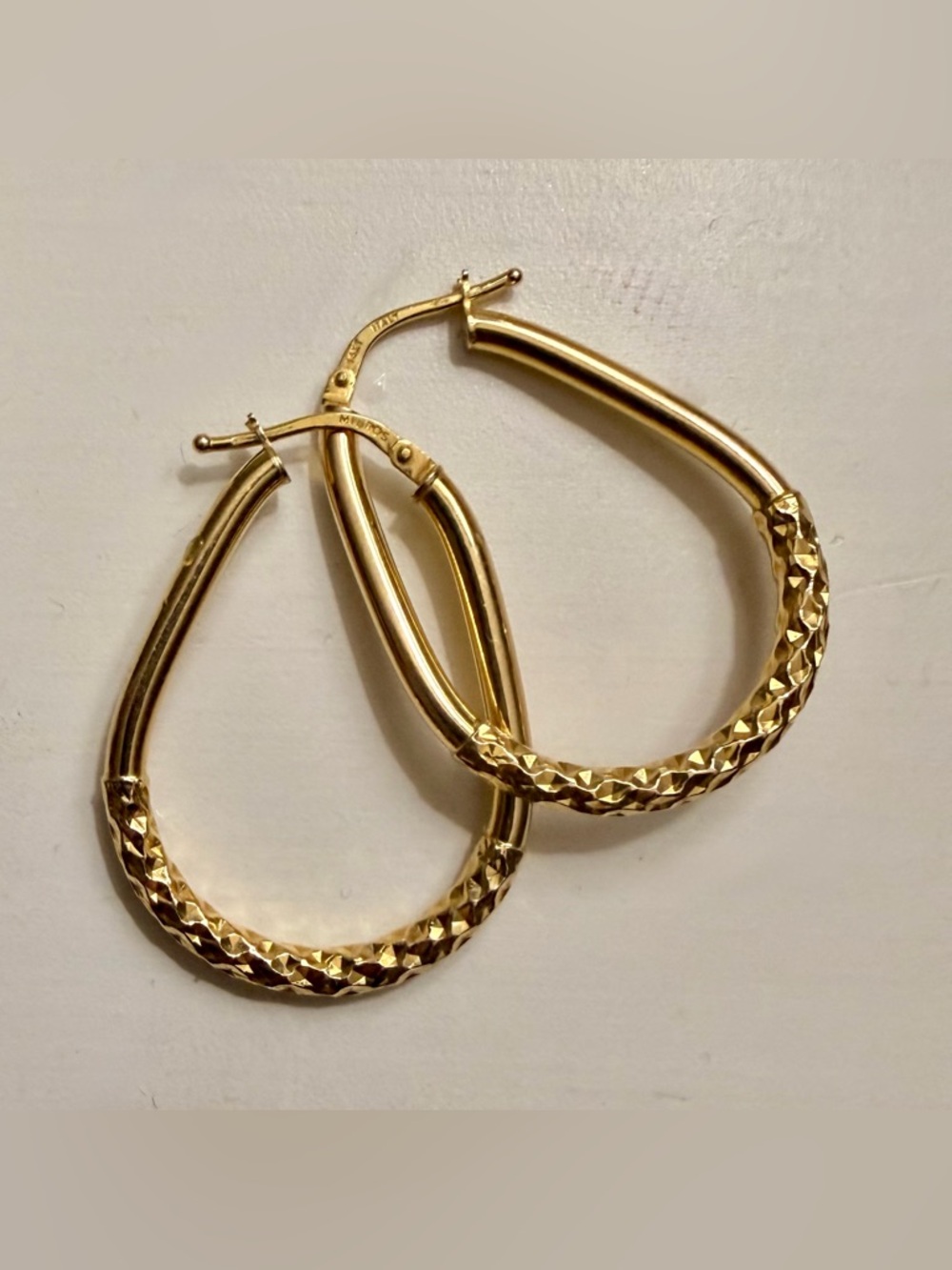Italian Milros 14k solid yellow gold egg-shaped hollow dualtexture hoop earrings